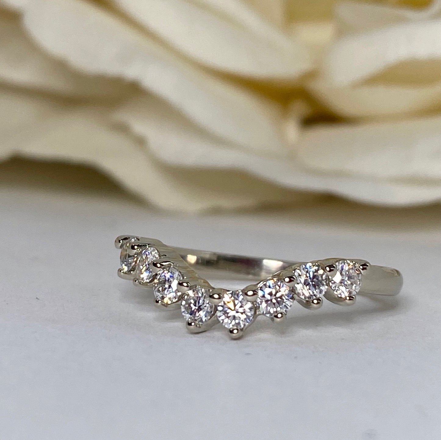 Curved Diamond Wedding Band, Universal Matching Moissanite Band For Ladies, Ladies 14k White Gold Delicate Diamond Curved Wedding Ring