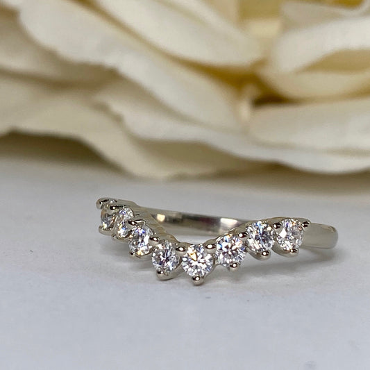 Curved Diamond Wedding Band, Universal Matching Moissanite Band For Ladies, Ladies 14k White Gold Delicate Diamond Curved Wedding Ring