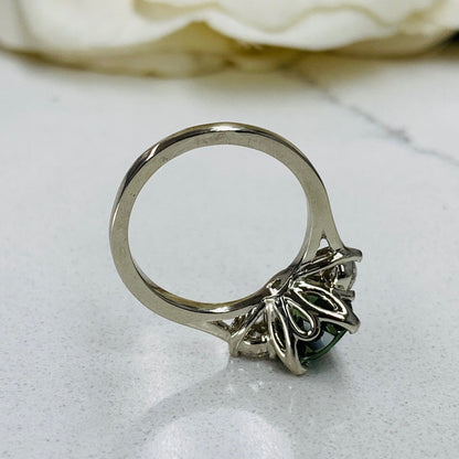 Cushion Cut Olive Green Sapphire Engagement Rings For Women 14K Solid White Gold, Unique Forest Green Sapphire Engagement Rings Gold,  #7199