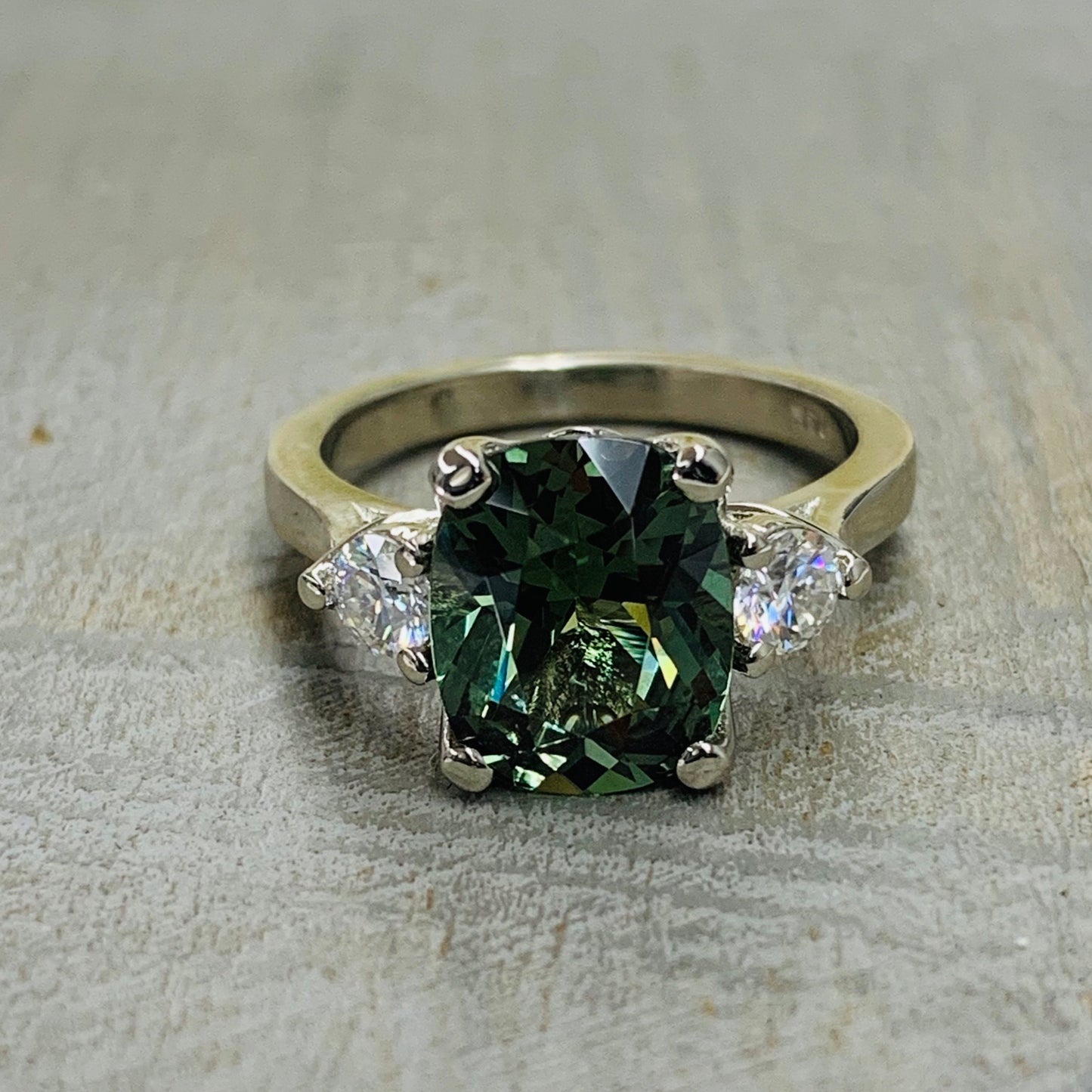 Cushion Cut Olive Green Sapphire Engagement Rings For Women 14K Solid White Gold, Unique Forest Green Sapphire Engagement Rings Gold,  #7199