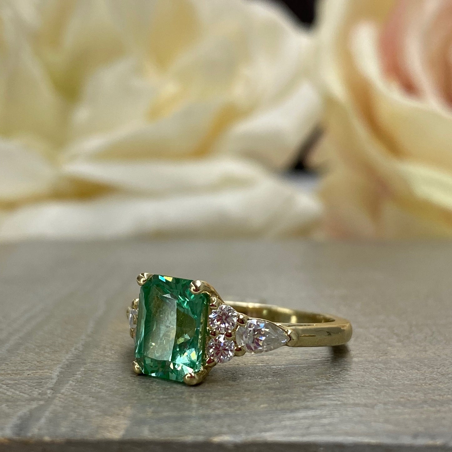 Radiant Cut Paraiba Tourmaline and Moissanite Engagement Rings For Women 14K Solid Yellow Gold, Unique Paraiba Tourmaline Ring Ladies  #7198