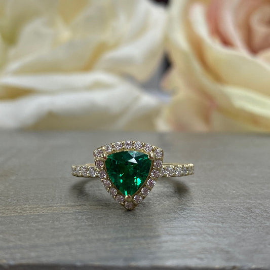 Triangle Gemstone Ring Setting, Trillion Cut Emerald Engagement Ring For Women, Unique Vintage Halo Engagement Rings 14K Solid Gold,  #7202