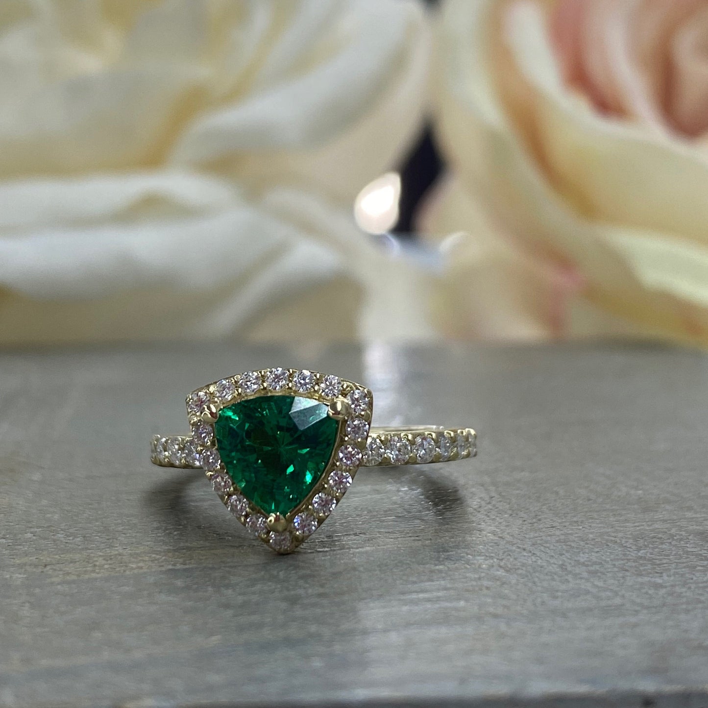 Triangle Gemstone Ring Setting, Trillion Cut Emerald Engagement Ring For Women, Unique Vintage Halo Engagement Rings 14K Solid Gold,  #7202