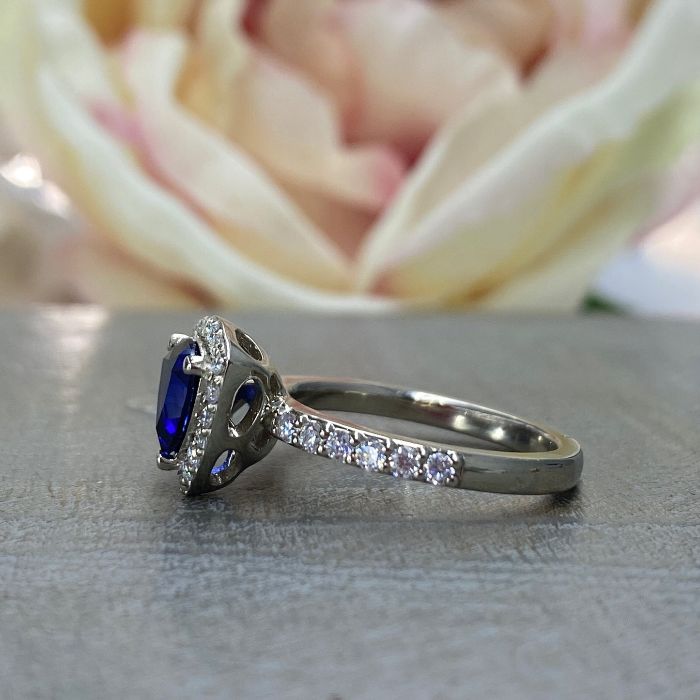 Triangle Gemstone Ring Setting, Trillion Cut Blue Sapphire Engagement Ring Women, Unique Vintage Halo Engagement Rings 14K Solid Gold, #7203