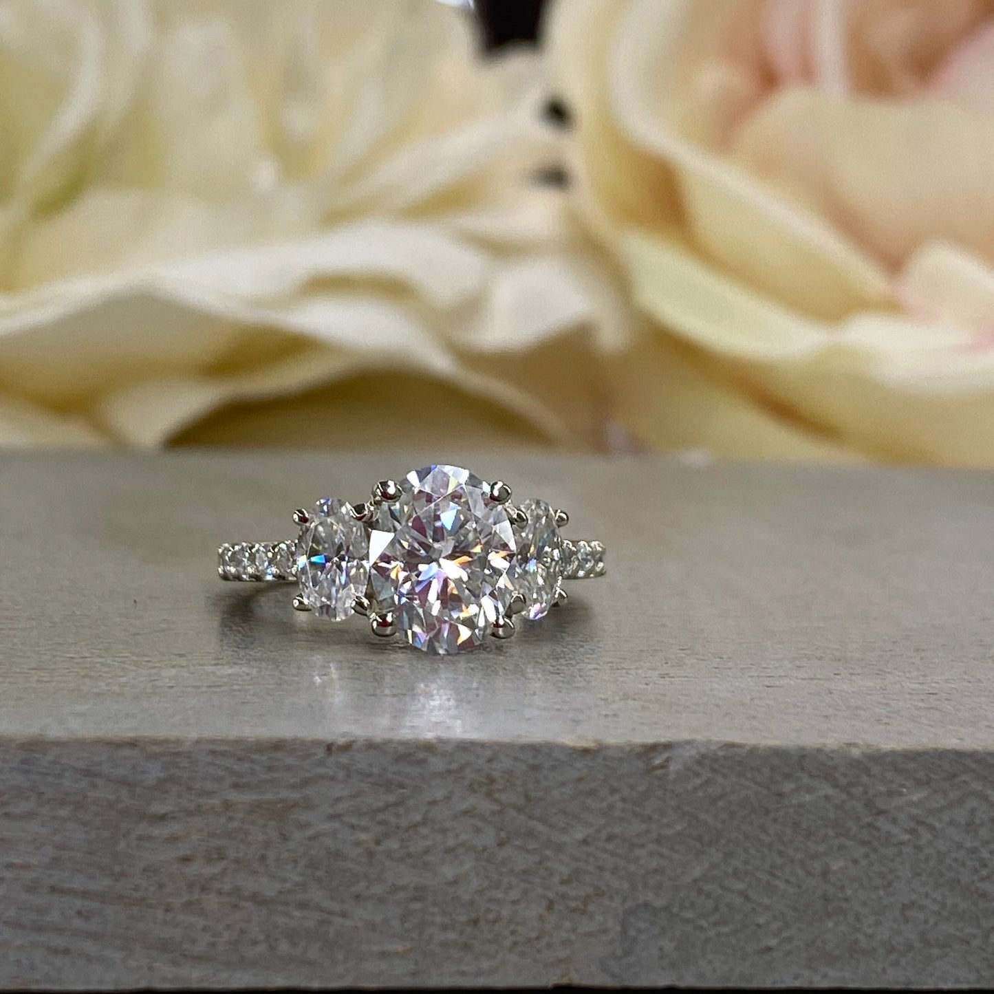 Moissanite Engagement Ring, Oval Three Stone Moissanite Ring, Moissanite Cluster Ring, Ladies Wedding Ring, Anniversary Gift, 14k Gold, 5378