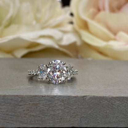 Moissanite Engagement Ring, Oval Three Stone Moissanite Ring, Moissanite Cluster Ring, Ladies Wedding Ring, Anniversary Gift, 14k Gold, 5378