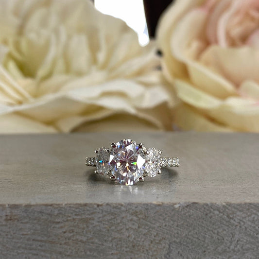 Moissanite Engagement Ring, Oval Three Stone Moissanite Ring, Moissanite Cluster Ring, Ladies Wedding Ring, Anniversary Gift, 14k Gold, 5378