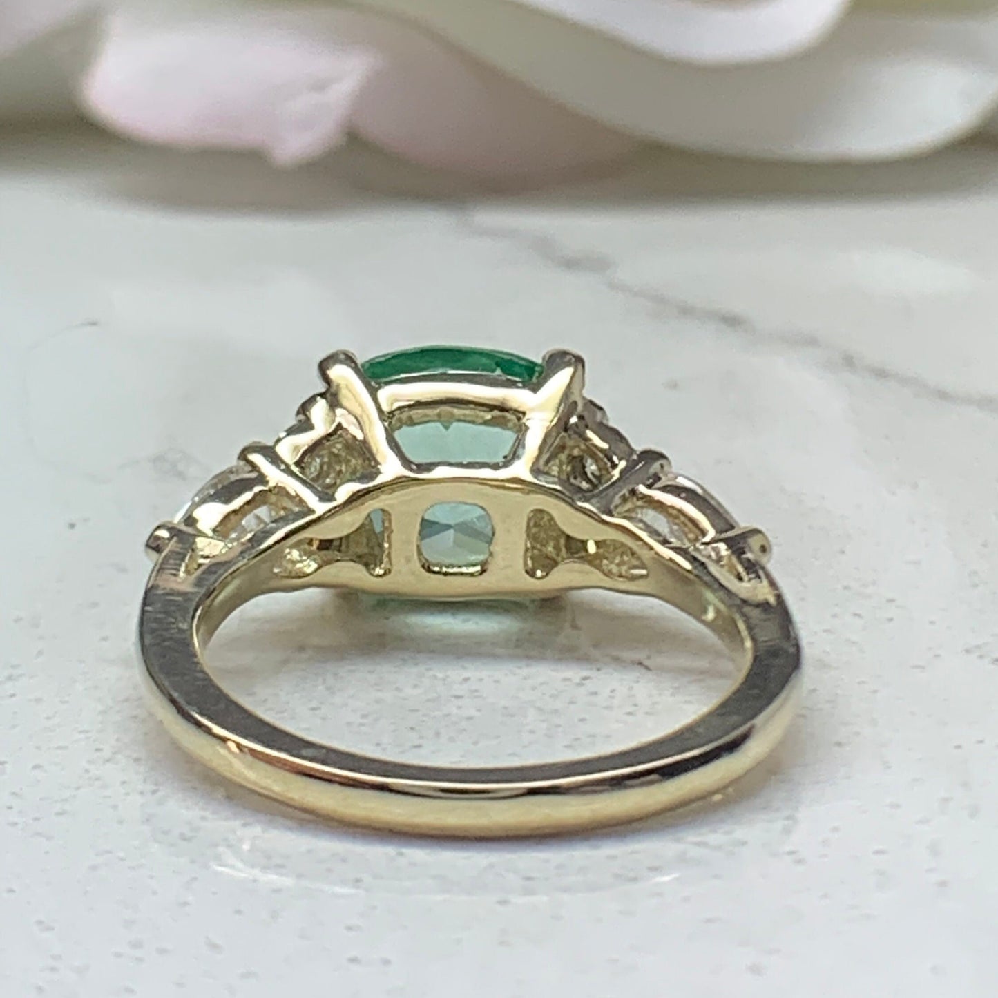 Cushion Cut Engagement Ring For Women 14K Yellow Gold, Green Paraiba Tourmaline Engagement Rings, Unique Vintage Three Stone Rings, #7188