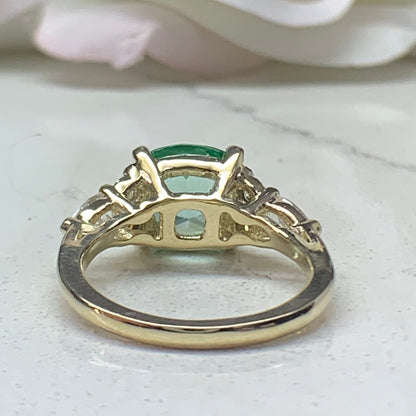 Cushion Cut Engagement Ring For Women 14K Yellow Gold, Green Paraiba Tourmaline Engagement Rings, Unique Vintage Three Stone Rings, #7188