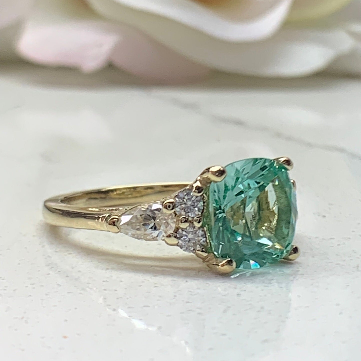 Cushion Cut Engagement Ring For Women 14K Yellow Gold, Green Paraiba Tourmaline Engagement Rings, Unique Vintage Three Stone Rings, #7188