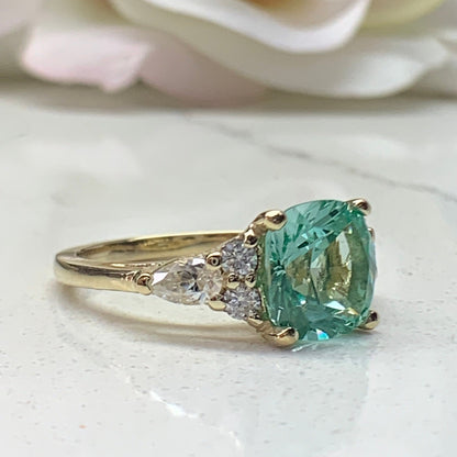 Cushion Cut Engagement Ring For Women 14K Yellow Gold, Green Paraiba Tourmaline Engagement Rings, Unique Vintage Three Stone Rings, #7188