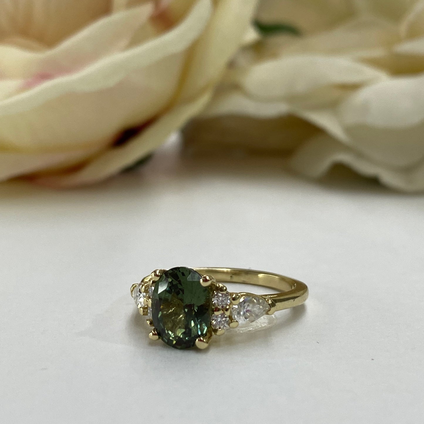 Oval Green Sapphire Engagement Ring 14K Solid Gold, Unique Vintage Oval Cluster Ring For Women, Olive Green Sapphire Engagement Rings, #7206