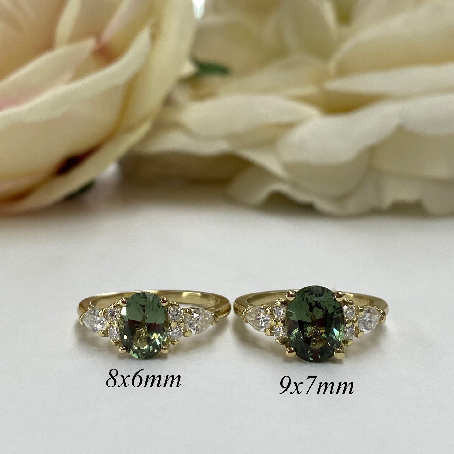 Oval Green Sapphire Engagement Ring 14K Solid Gold, Unique Vintage Oval Cluster Ring For Women, Olive Green Sapphire Engagement Rings, #7206