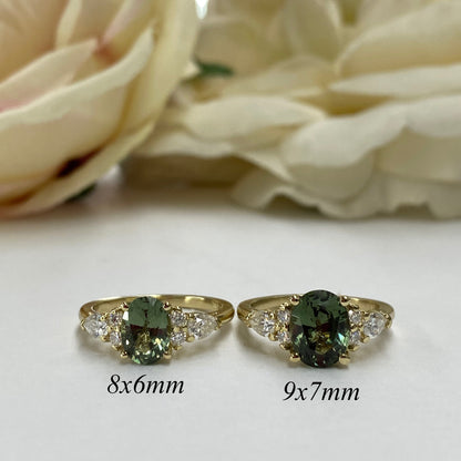 Oval Green Sapphire Engagement Ring 14K Solid Gold, Unique Vintage Oval Cluster Ring For Women, Olive Green Sapphire Engagement Rings, #7206