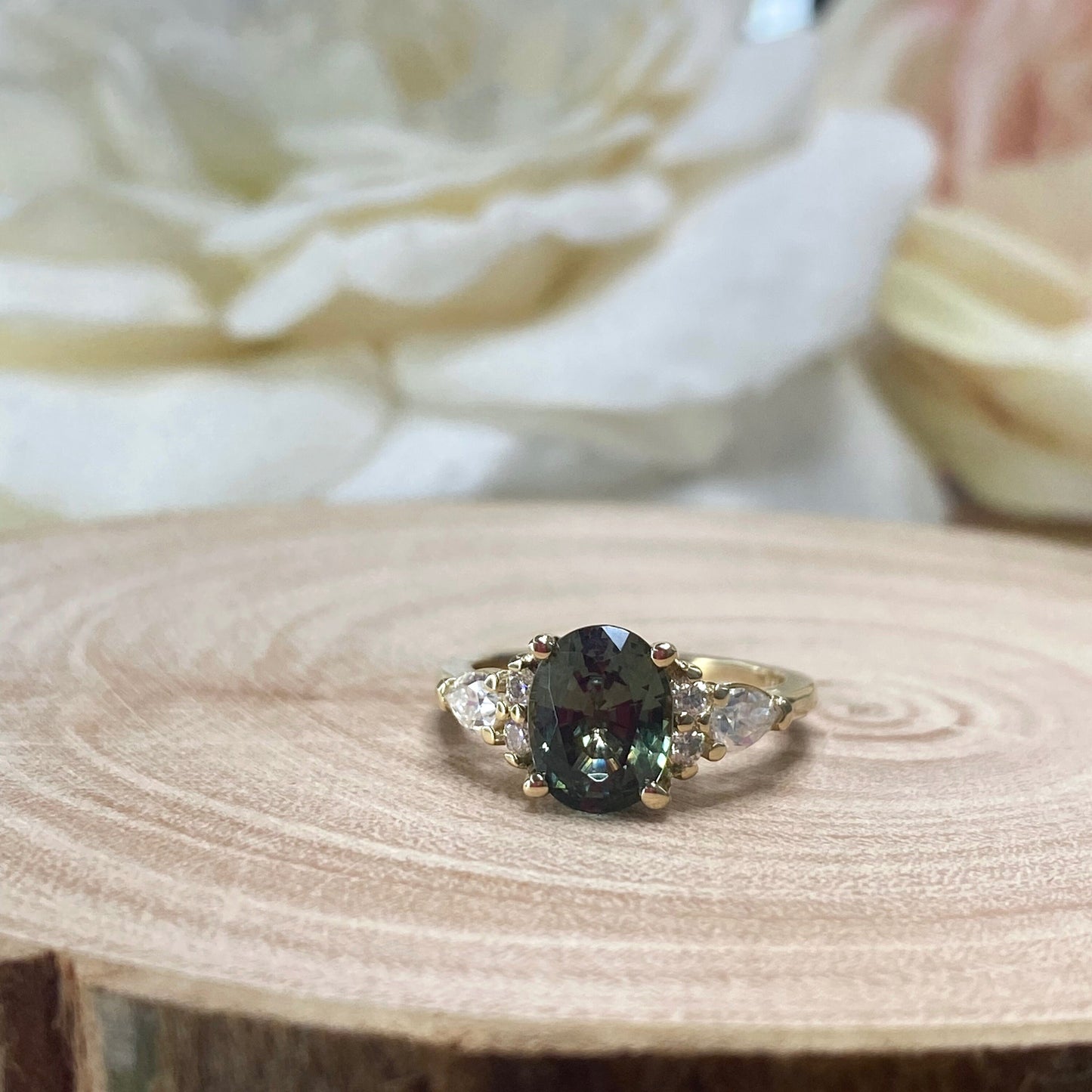 Oval Green Sapphire Engagement Ring 14K Solid Gold, Unique Vintage Oval Cluster Ring For Women, Olive Green Sapphire Engagement Rings, #7206
