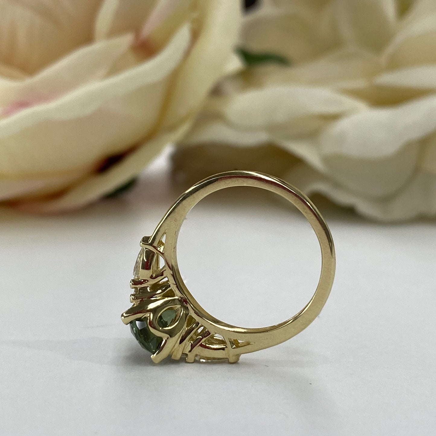 Oval Green Sapphire Engagement Ring 14K Solid Gold, Unique Vintage Oval Cluster Ring For Women, Olive Green Sapphire Engagement Rings, #7206