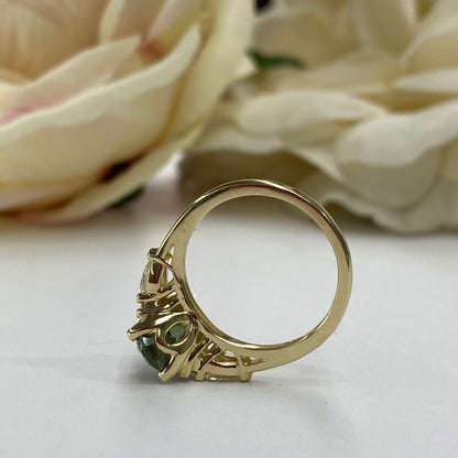 Oval Green Sapphire Engagement Ring 14K Solid Gold, Unique Vintage Oval Cluster Ring For Women, Olive Green Sapphire Engagement Rings, #7206