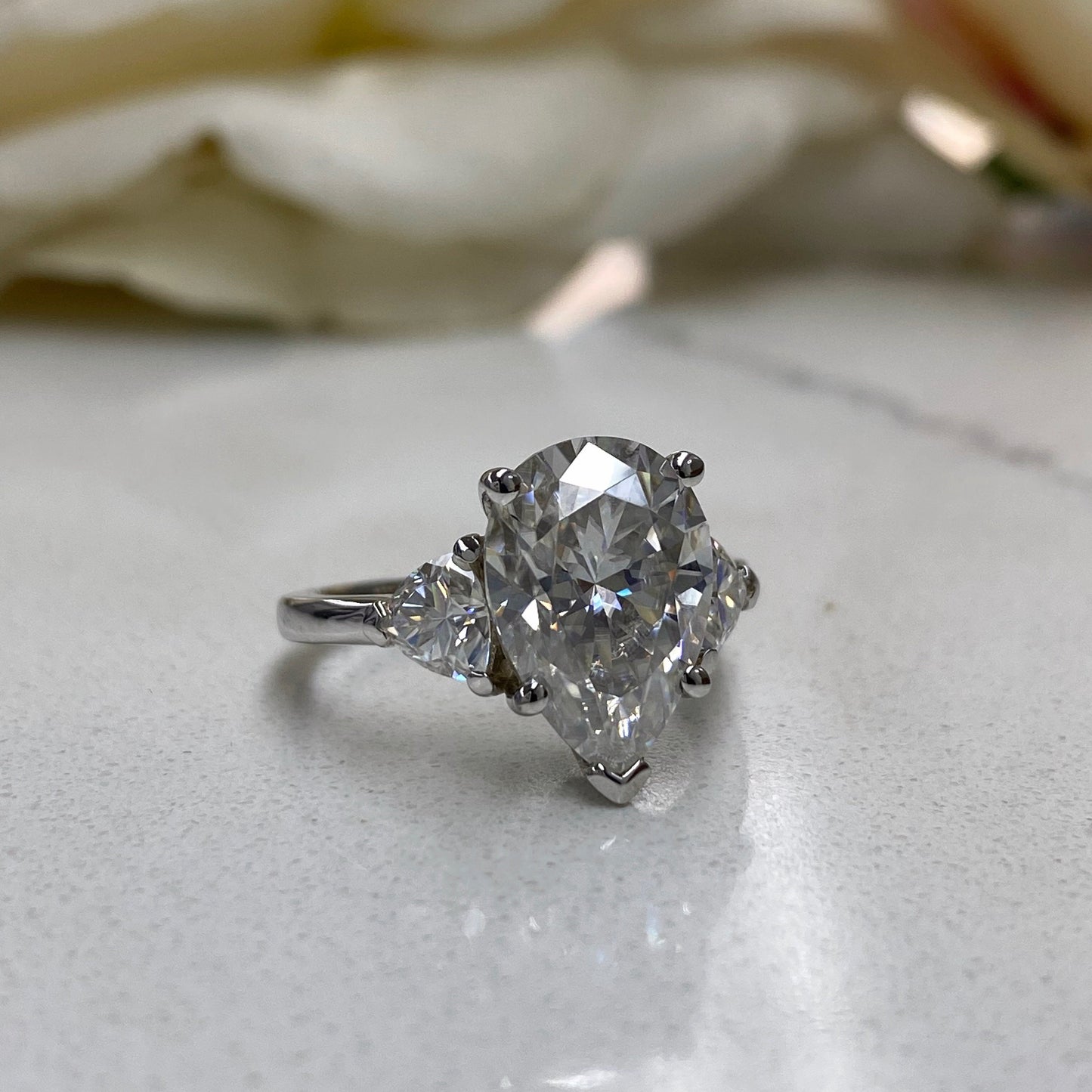 Pear Shaped Moissanite Engagement Ring 14K White Gold #5428,  Pear Cut Vintage Three Stone Moissanite Diamond  Engagement Ring For Women