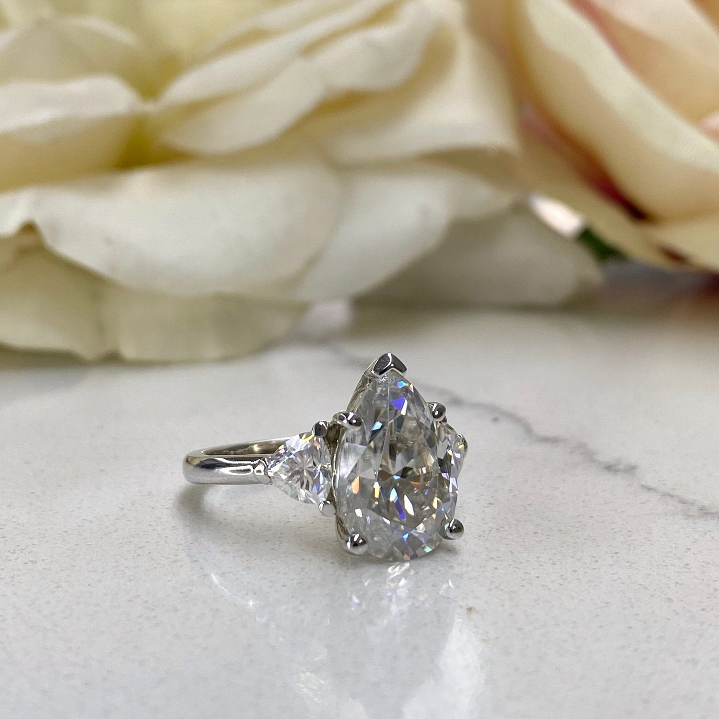 Pear Shaped Moissanite Engagement Ring 14K White Gold #5428,  Pear Cut Vintage Three Stone Moissanite Diamond  Engagement Ring For Women