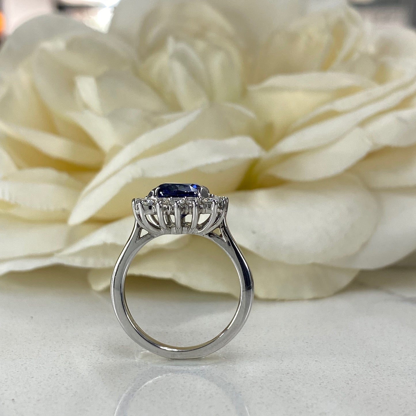 Blue Sapphire Cushion Cut And Diamond Halo Engagement Ring, 14k White Gold Blue Sapphire And Moissanite Halo Ladies Wedding Ring
