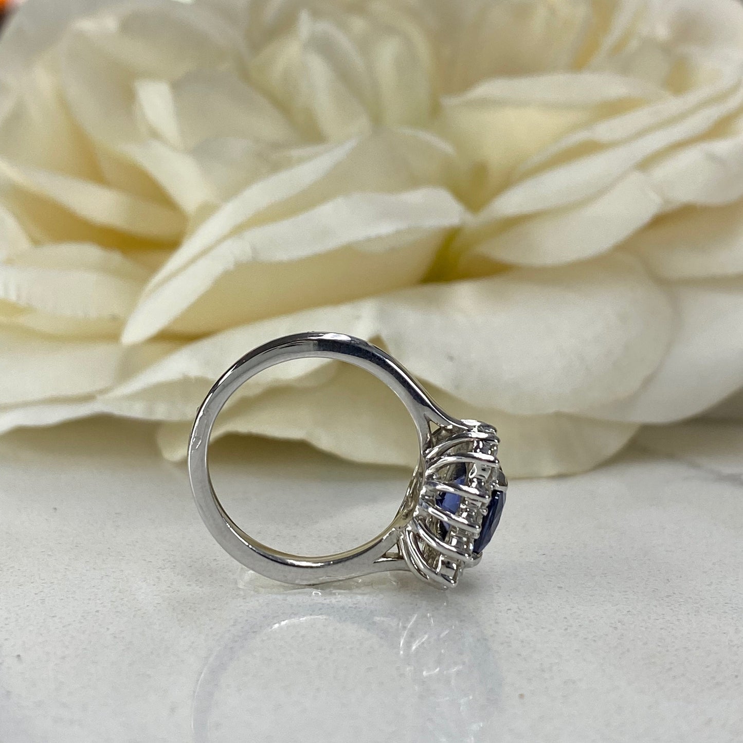Blue Sapphire Cushion Cut And Diamond Halo Engagement Ring, 14k White Gold Blue Sapphire And Moissanite Halo Ladies Wedding Ring