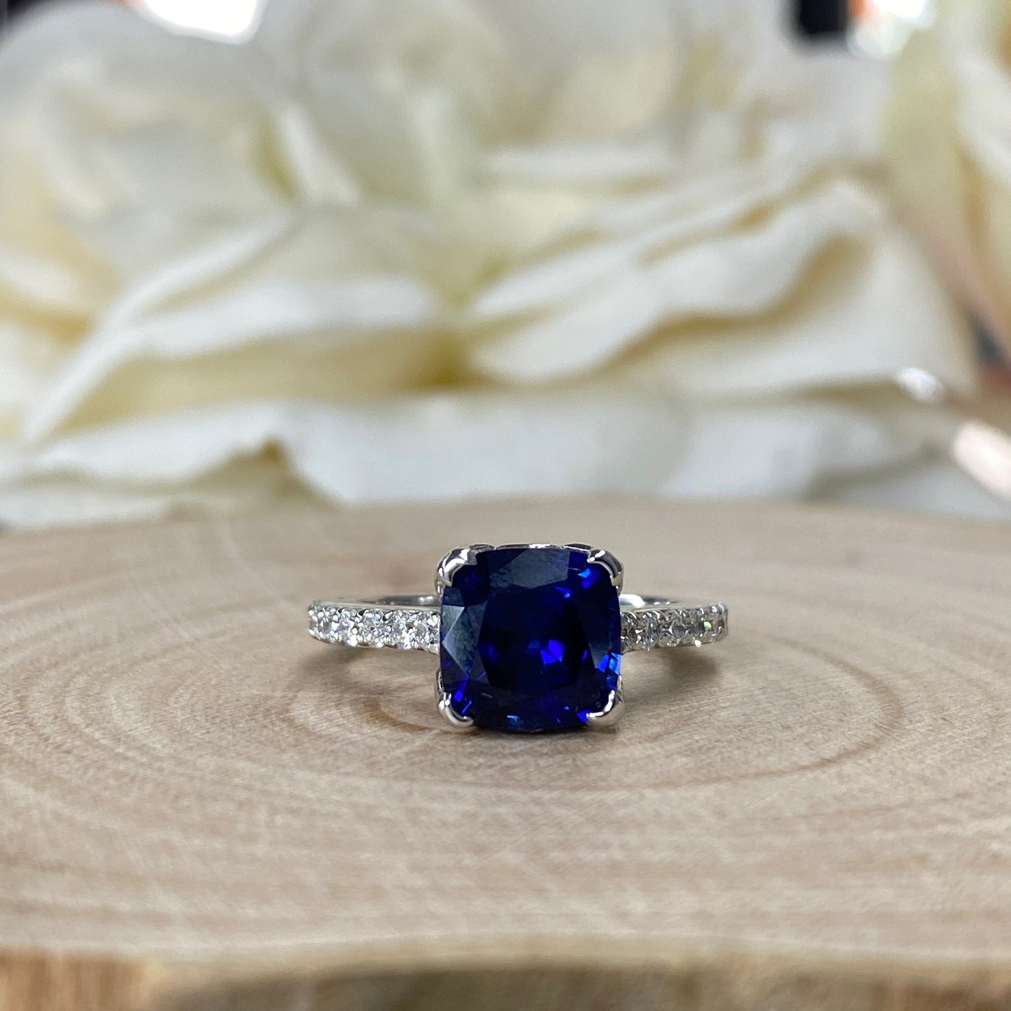 Blue Sapphire Ring Cushion Cut 14K  White Gold For Women, Blue Sapphire Engagement Ring, Cushion Cut Solitaire Sapphire Engagement Ring