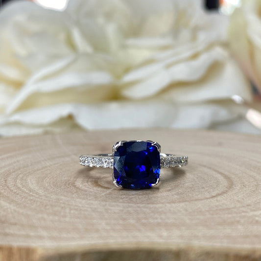 Blue Sapphire Ring Cushion Cut 14K  White Gold For Women, Blue Sapphire Engagement Ring, Cushion Cut Solitaire Sapphire Engagement Ring