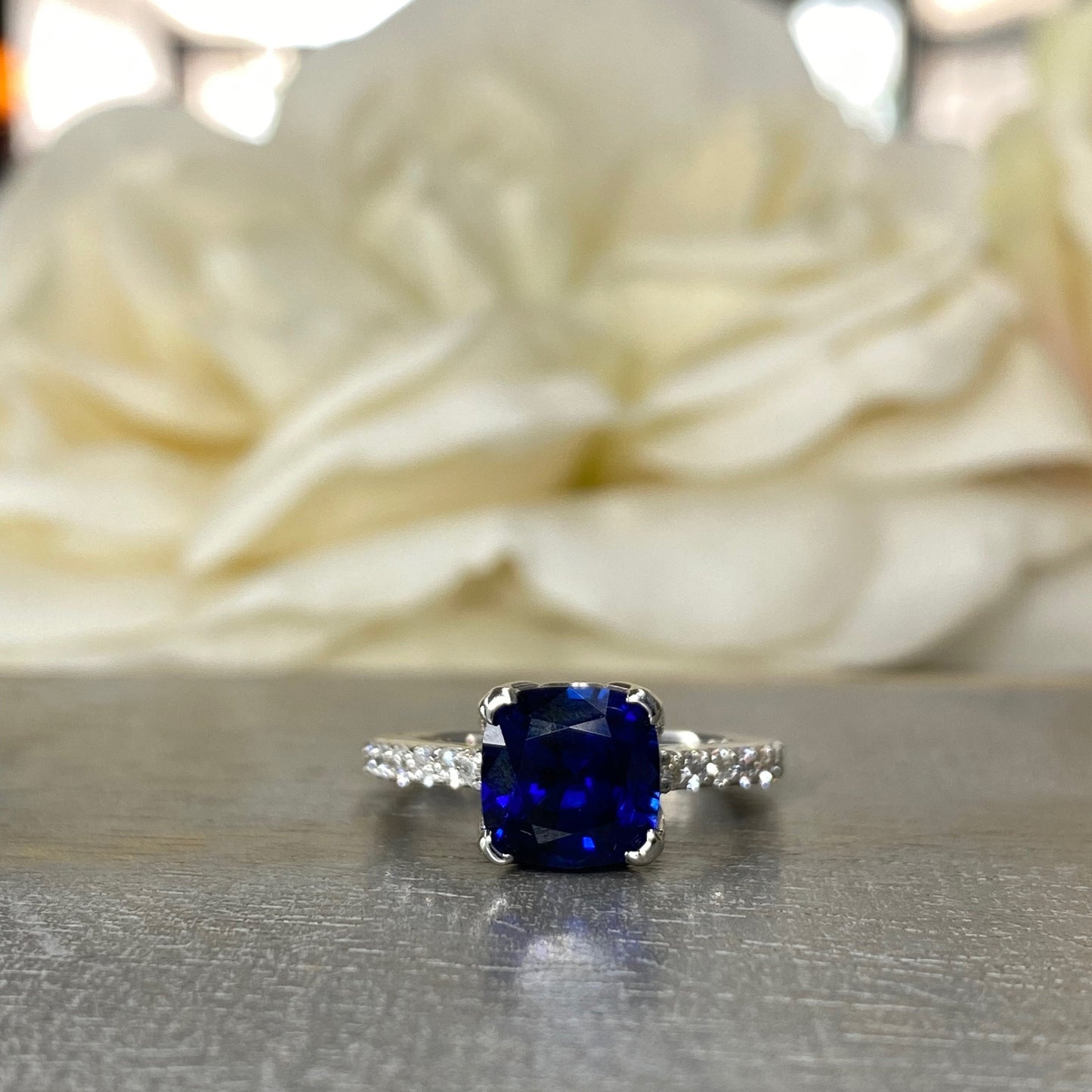 Blue Sapphire Ring Cushion Cut 14K  White Gold For Women, Blue Sapphire Engagement Ring, Cushion Cut Solitaire Sapphire Engagement Ring