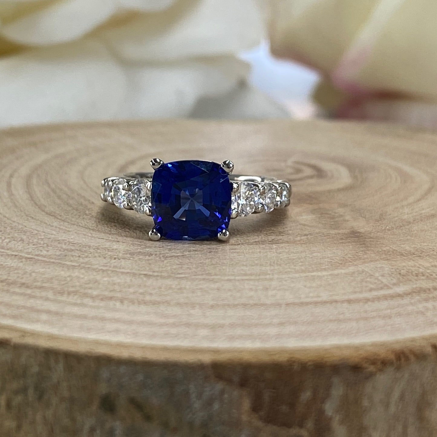 Blue Sapphire Ring Cushion Cut 14K White Gold For Women, Blue Sapphire Engagement Ring, Cushion Cut Solitaire Sapphire Engagement Ring