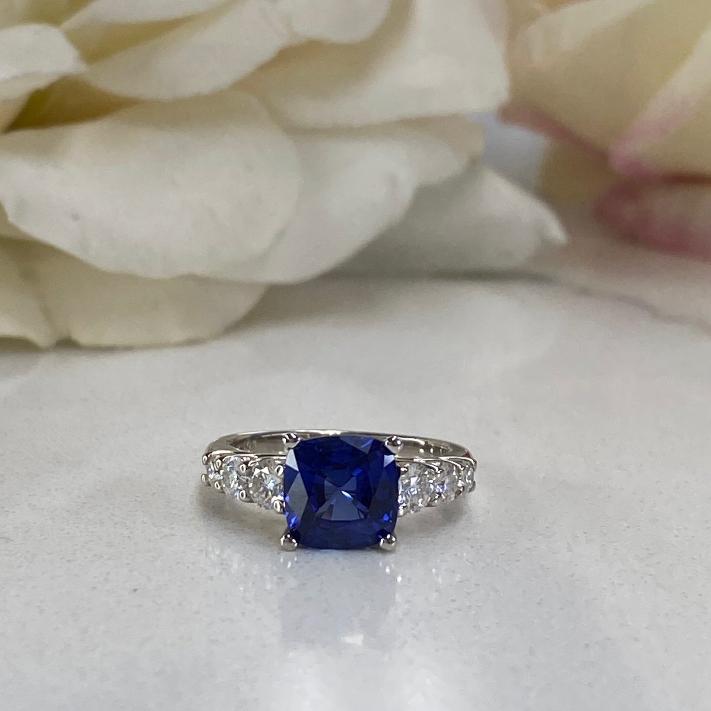 Blue Sapphire Ring Cushion Cut 14K White Gold For Women, Blue Sapphire Engagement Ring, Cushion Cut Solitaire Sapphire Engagement Ring