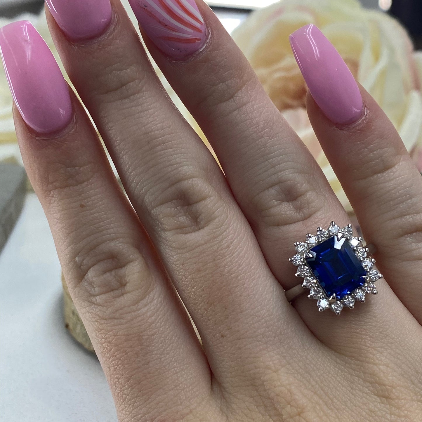 Blue Sapphire Engagement Rings For Women 14K White Gold, Unique Vintage Blue Sapphire Halo Engagement Ring, Emerald Cut Sapphire Rings
