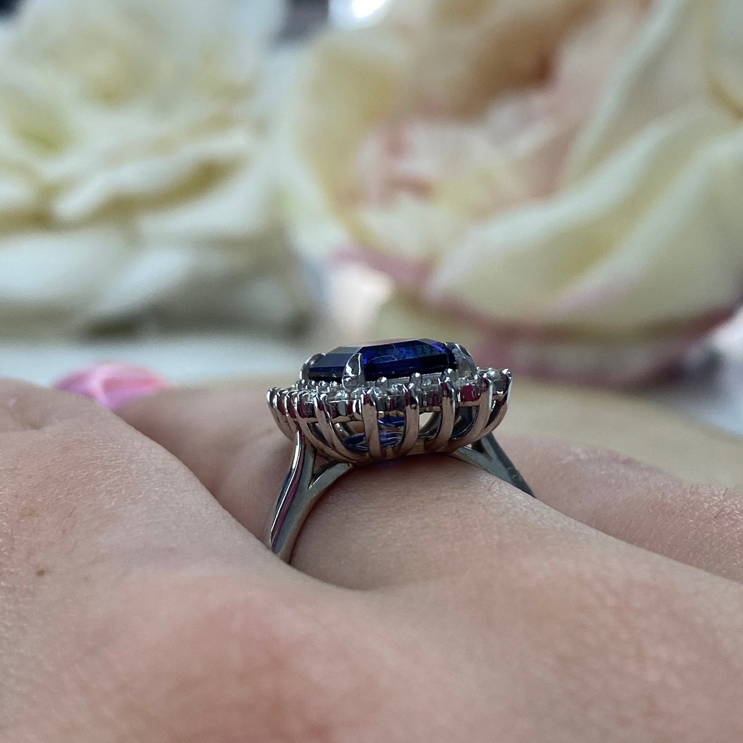 Blue Sapphire Engagement Rings For Women 14K White Gold, Unique Vintage Blue Sapphire Halo Engagement Ring, Emerald Cut Sapphire Rings