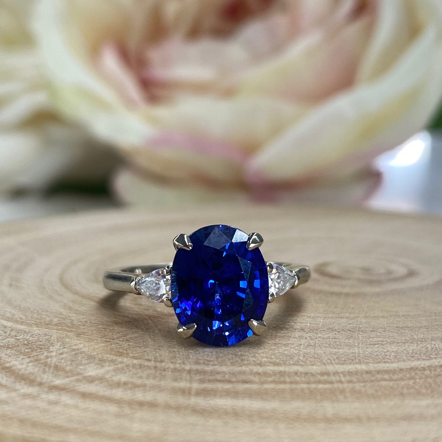 Oval Blue Sapphire Engagement Ring,  Blue Sapphire And Moissanite Wedding Ring, 14k Gold Three Stone Sapphire And Moissanite Ring     #6515