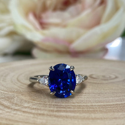 Oval Blue Sapphire Engagement Ring,  Blue Sapphire And Moissanite Wedding Ring, 14k Gold Three Stone Sapphire And Moissanite Ring     #6515
