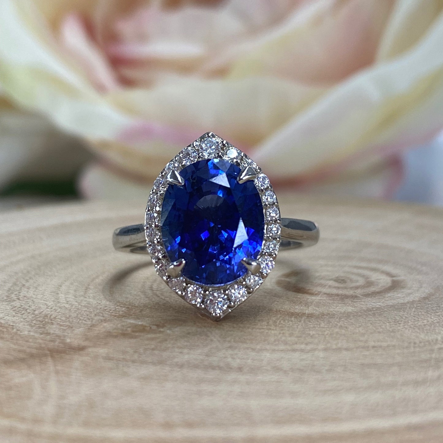 Oval Blue Sapphire Engagement Ring With Moissanite Halo, Blue Sapphire And Moissanite Wedding Ring, 14k Gold Moissanite Ring For Her   #6441