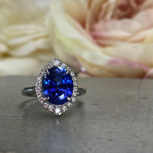 Oval Blue Sapphire Engagement Ring With Moissanite Halo, Blue Sapphire And Moissanite Wedding Ring, 14k Gold Moissanite Ring For Her   #6441