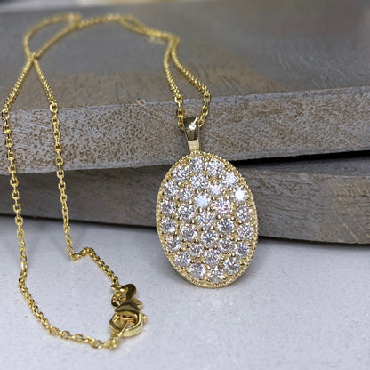 14k Gold Pave Moissanite North-South Oval Disc Necklace High Quality Moissanites for Women, Oval Cluster Moissanite Pendant Necklace