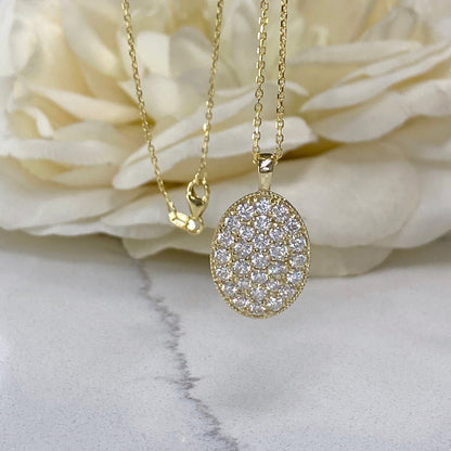 14k Gold Pave Moissanite North-South Oval Disc Necklace High Quality Moissanites for Women, Oval Cluster Moissanite Pendant Necklace