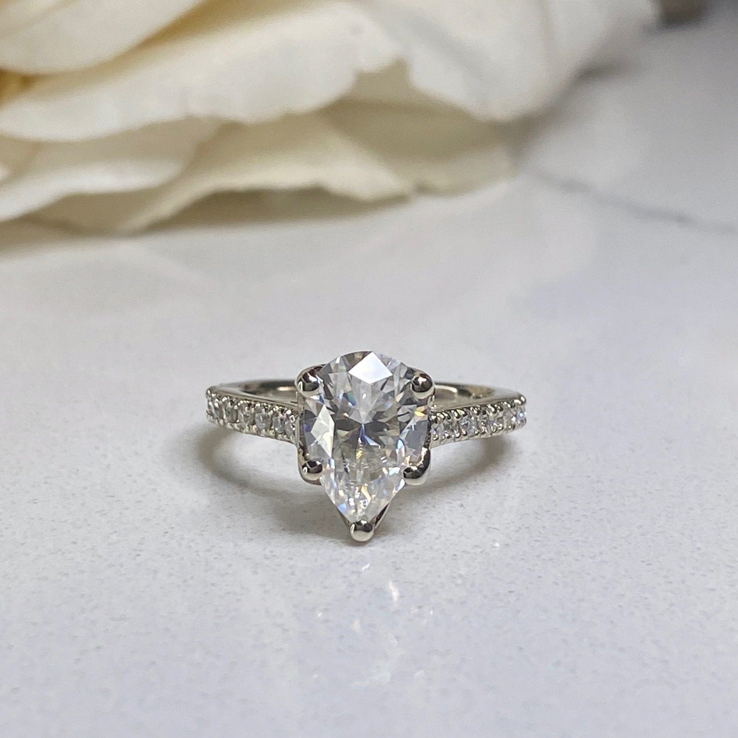 Moissanite Pear Shape Engagement Ring 14k White Gold, Pear Moissanite And Round Moissanite Wedding Ring, Ladies Tear Drop Shape Ring  #6833