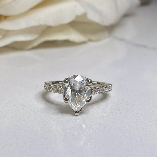 Moissanite Pear Shape Engagement Ring 14k White Gold, Pear Moissanite And Round Moissanite Wedding Ring, Ladies Tear Drop Shape Ring  #6833