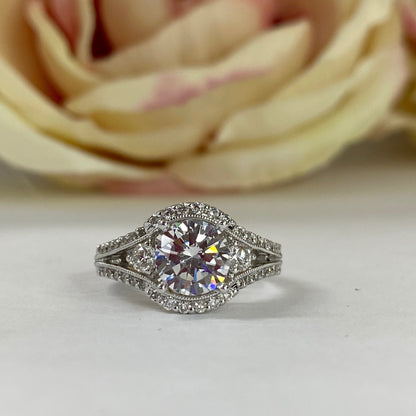 Round moissanite engagement ring 14k gold, unique vintage Moissanite wedding ring, three stone promise ring, split shank cluster ring,  #802