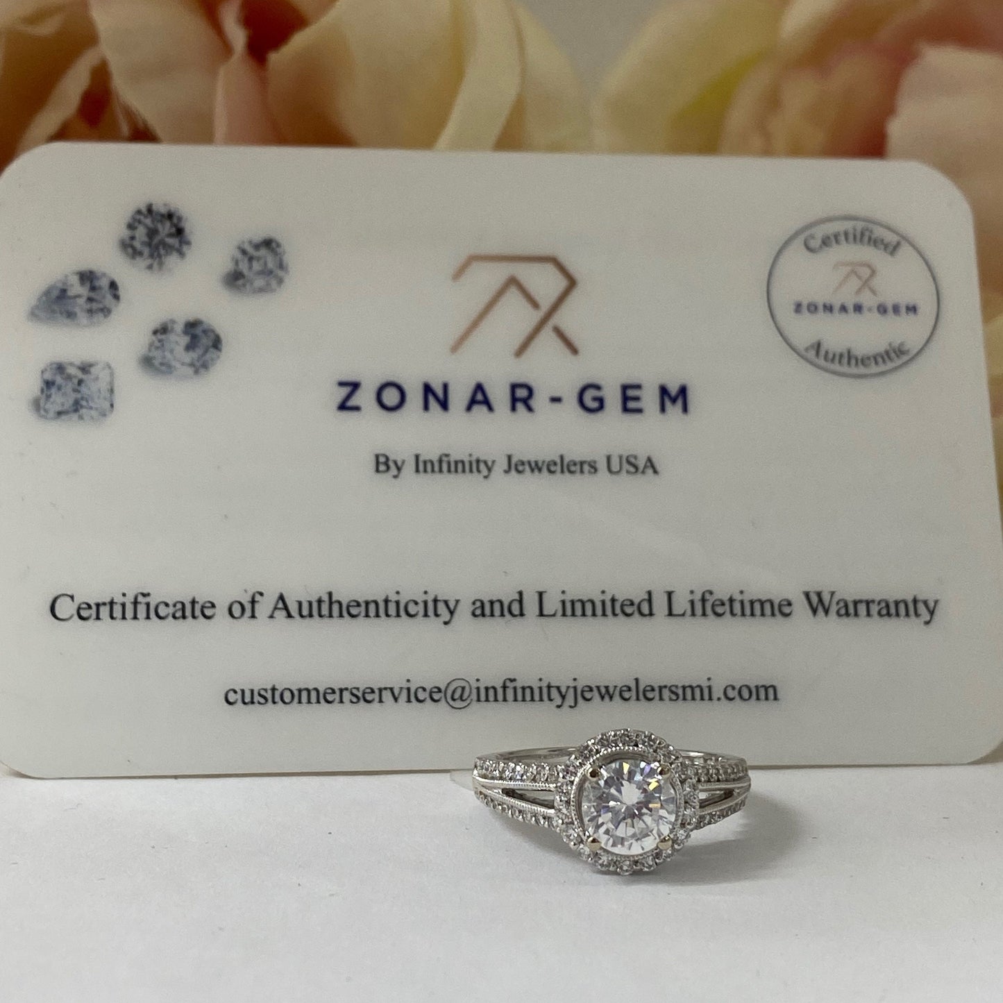 Round Moissanite Engagement Rings 14k Solid Gold , Unique Split Shank Diamond Wedding Ring , Moissanite and Diamond Halo Ring For Women #807