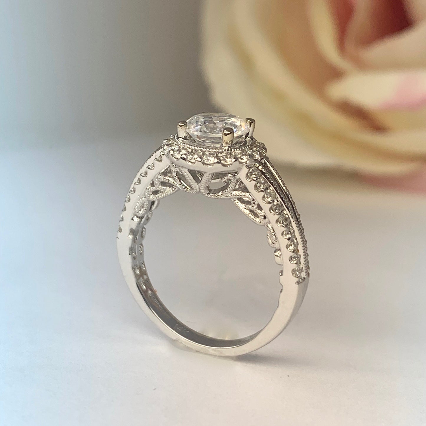 Round Moissanite Engagement Rings 14k Solid Gold , Unique Split Shank Diamond Wedding Ring , Moissanite and Diamond Halo Ring For Women #807