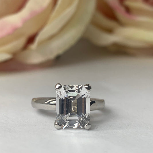 Moissanite Emerald Cut Engagement Rings 14k Solid White Gold , Forever One Moissanite , Emerald Cut Solitaire Moissanite Wedding Ring, #6136