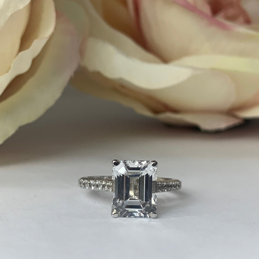 Moissanite Emerald Cut Engagement Rings 14k Solid White Gold , Forever One Moissanite , Emerald Cut Solitaire Moissanite Wedding Ring, #5674