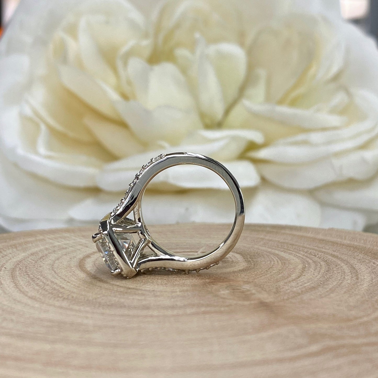 Certified Moissanite Emerald Cut With Halo Engagement  Ring, Promise  Ring, Wedding Ring 14K White Gold