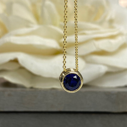 Round Blue Sapphire Floating Pendant Necklace, September Birthstone Sapphire Pendant, 14k Gold Blue Sapphire Round Bezel Necklace      #5871