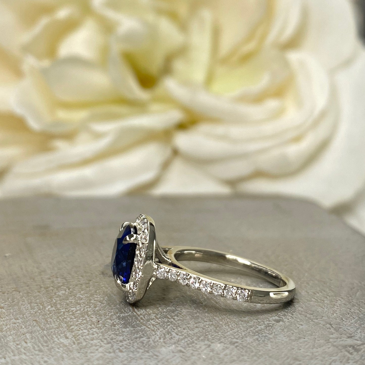 Cushion Cut Blue Sapphire Engagement Ring, Halo Sapphire Ring With Round Diamond Accents, Moissanite Ring, 14K White Gold # 5891 #6799