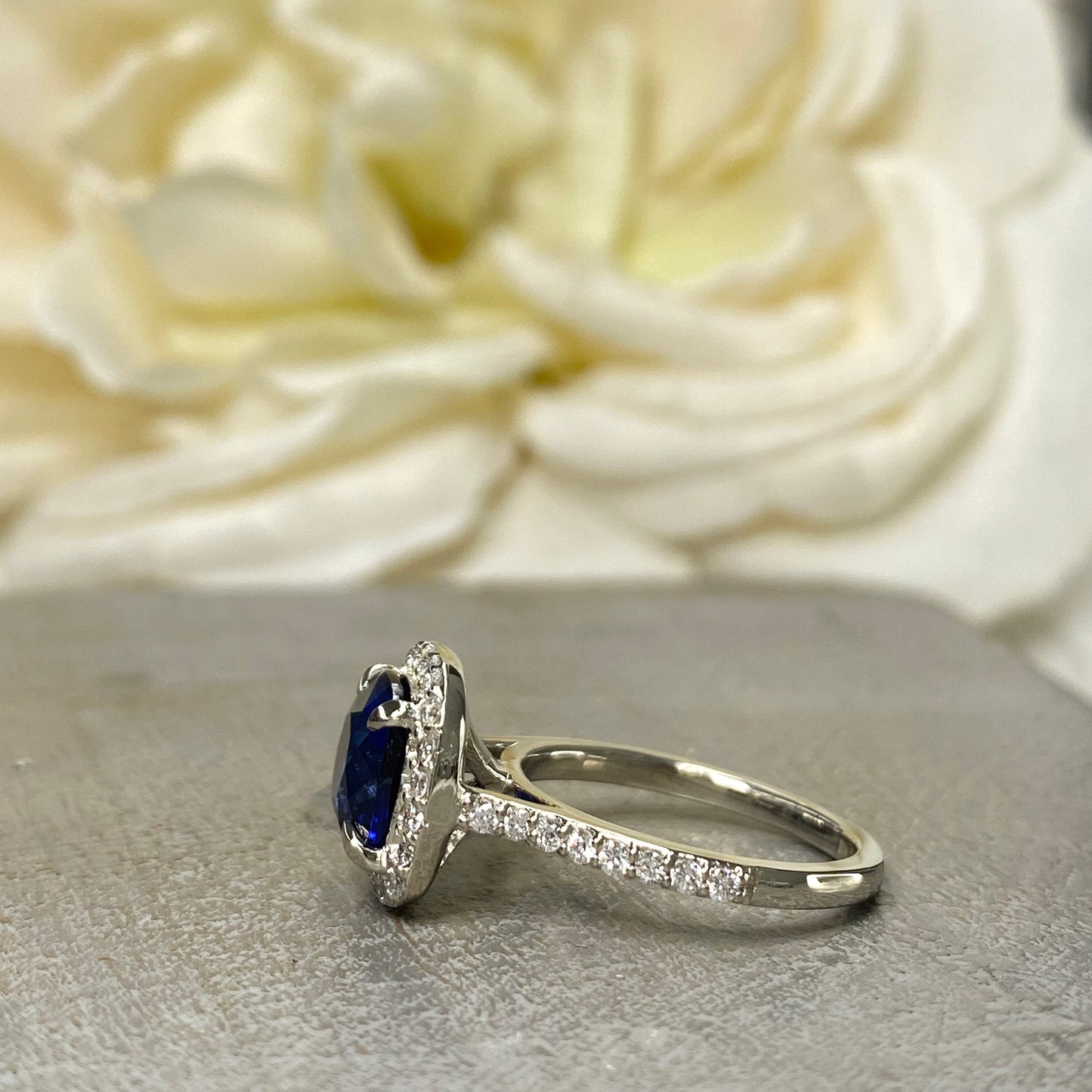 Cushion Cut Blue Sapphire Diamond Halo Engagement Ring White Gold Unique Blue Sapphire Halo Promise Wedding Anniversary Ladies Ring #6799