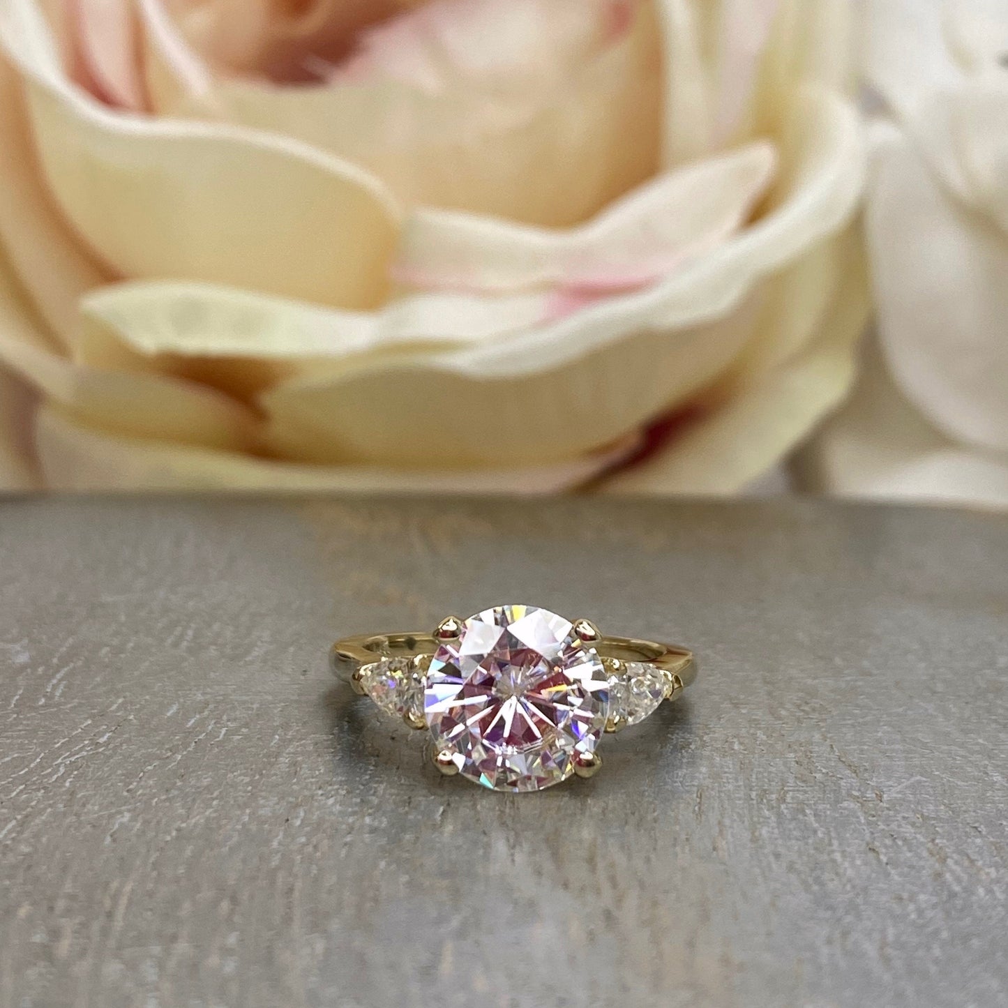 Round Cut Moissanite Engagement Ring, April Birthstone Ring, Three Stone Engagement Ring, Ladies Wedding Ring, Infinity Jewelers USA #6671